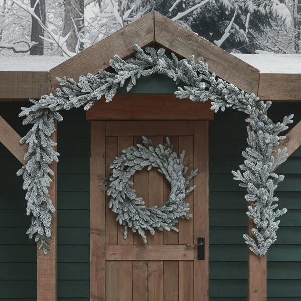 Pre-Lit Outdoor Snowy Christmas Wreath & Garland - alternative angle