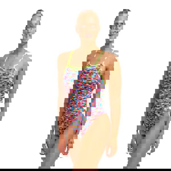 Funkita Go Gammon Tie tight swimsuit in multicolored abstract print with neon trim