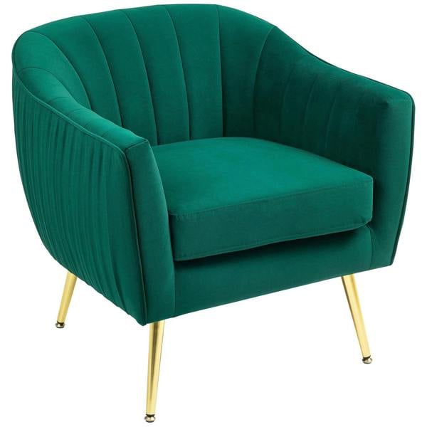 Green velvet-feel accent chair with tufted back and upholstered seat, gold metal legs