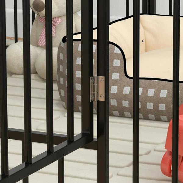 Black dog pen door latch and vertical bars close-up