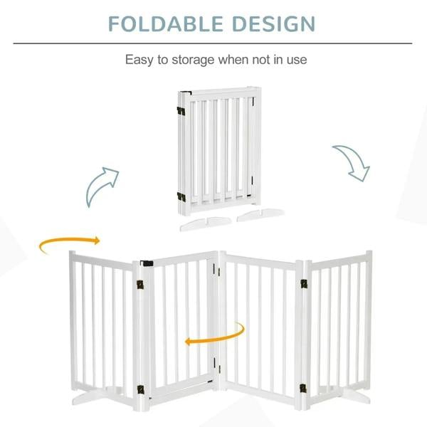 White 4-panel wooden pet gate that folds for easy storage, vertical slat design
