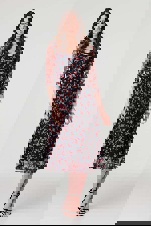 Black | Floral Semi Sheer Ruched Midi Dress