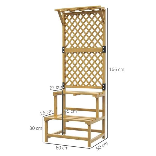 Wood plant stand with trellis front and step shelf; labeled size dimensions in cm