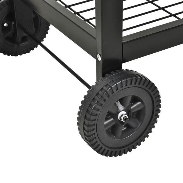Close-up of black BBQ grill wheel on the cart frame with metal support bar