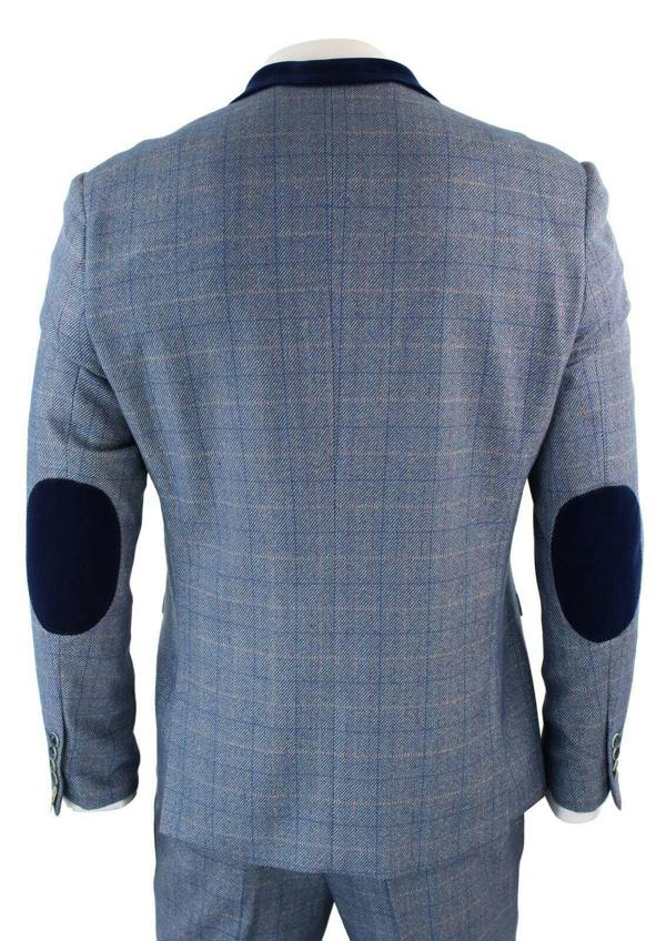 Marc Darcy Mens 3 Piece Blue Grey Herringbone Check Suit
