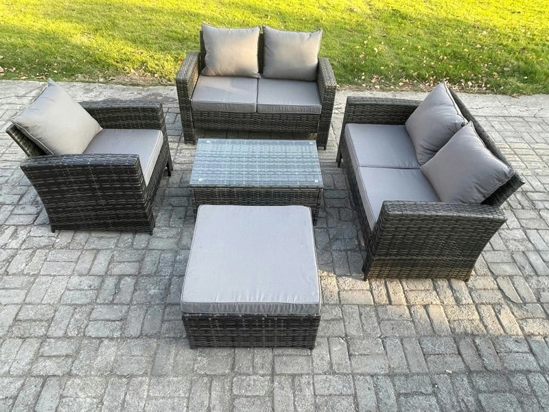 Fimous 6-Seater Dark Grey Wicker Rattan Outdoor Sofa Set | Rectangular Coffee Table, Double Sofa, Chair, Large Footstool