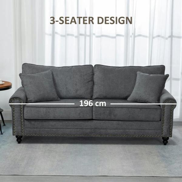 Grey fabric 3-seat sofa with nailhead trim and two back cushions, centered length marker