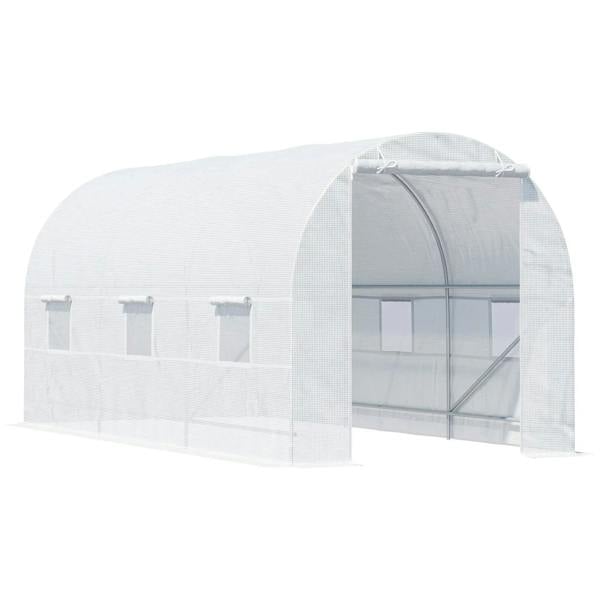 White walk-in polytunnel greenhouse with mesh window and zip door opening