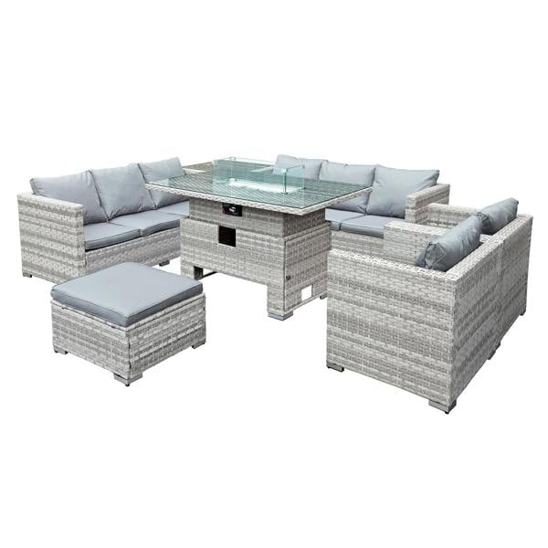 malta rattan 9 seat rising firepit u shape set in dove grey with footstool