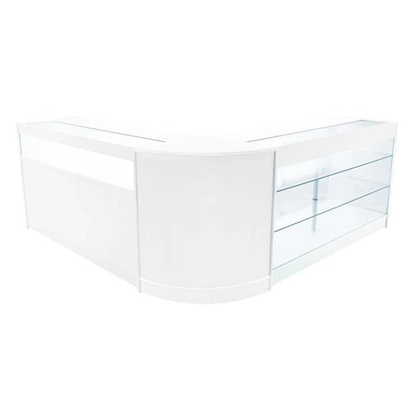 Triton LED Shop Counter Set in white with sleek glass shelves, featuring a modern design and curved edges for stylish display