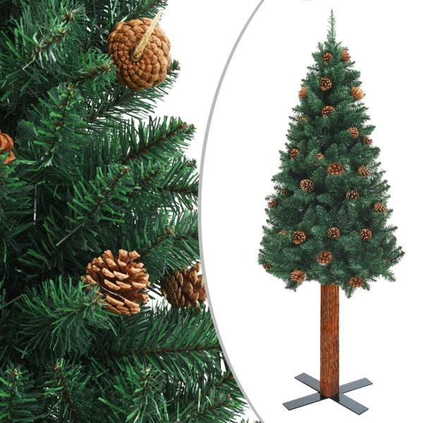 Berkfield Slim Christmas Tree with Real Wood and Cones Green 180 cm PVC