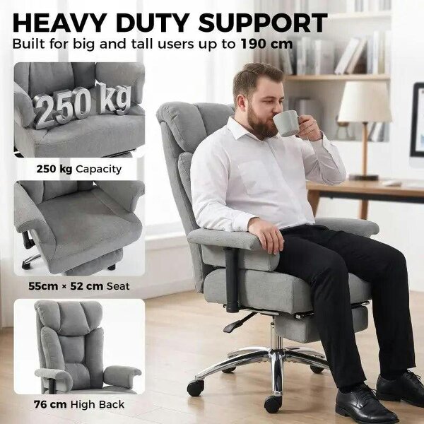 Big and Tall Office Chair, 250 kg Heavy Duty Executive Desk Chair with Adjustable Padded Armrests and High Back, Grey