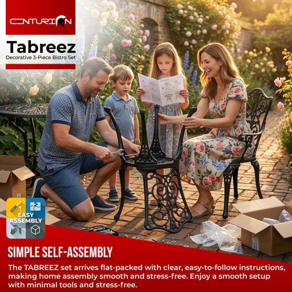 Centurion Supports TABREEZ Garden and Patio Table and 2 Large Chairs with Armrests Cast Aluminium Bistro Set - Black