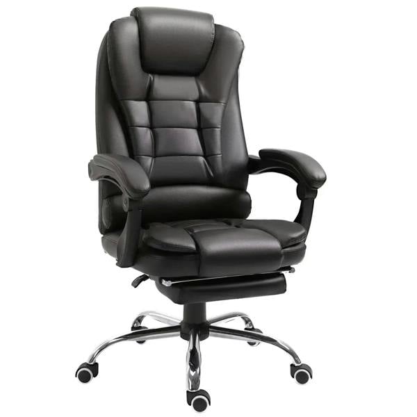 High-back office chair with dark PU leather upholstery, cushioned arms, and swivel base