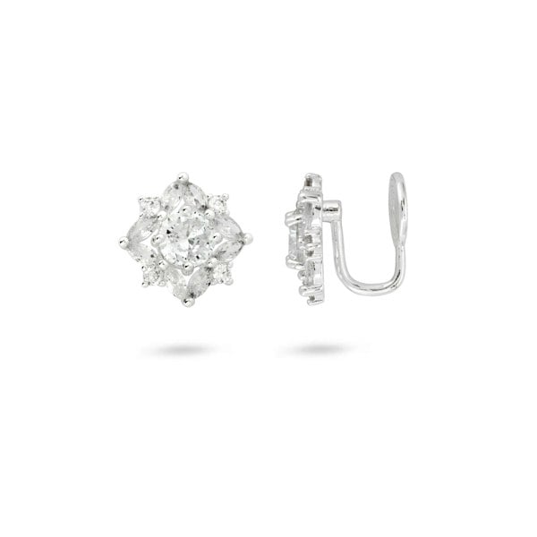 Gold Trip Silver Crystal Flower Clip On Earrings