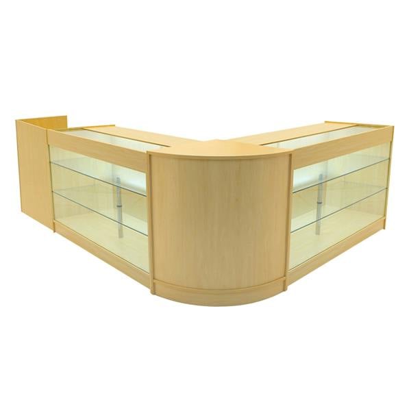 Aries LED Shop Counter Set in maple finish, featuring a modern curved design with glass display shelves and integrated lighting