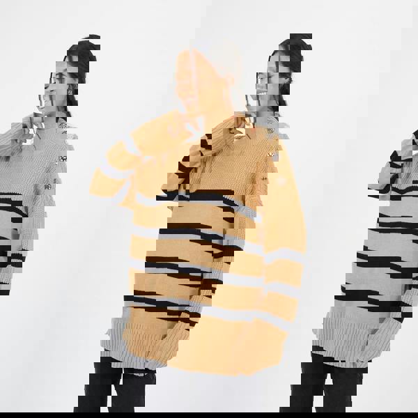 Brave Soul Camel Button Detail Striped Turtleneck Jumper - Camel Image 1