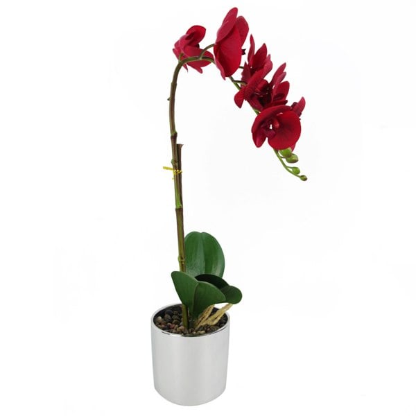 Leaf 46cm Artificial Orchid Red with Silver Pot