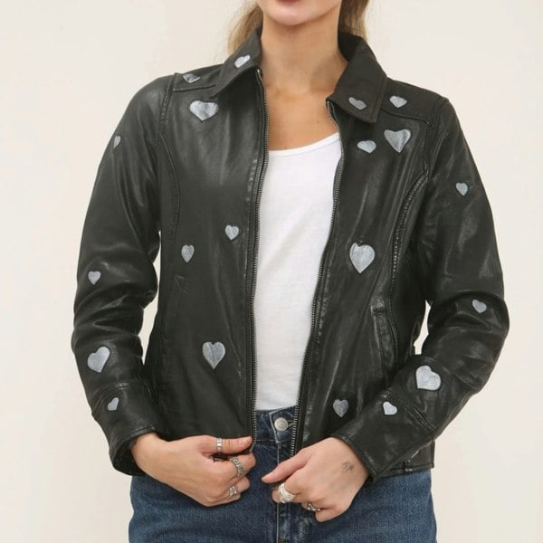 Leather Company Women's Real Leather Shirt Collar Heart Print Jacket