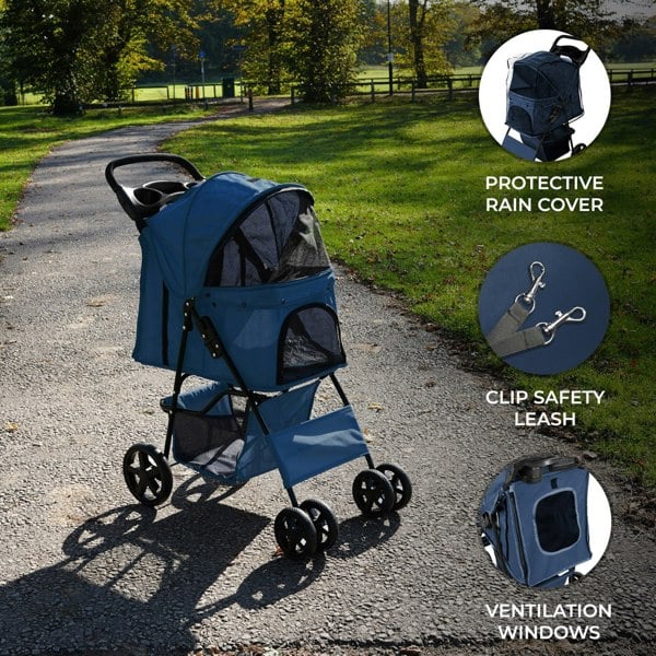 Monstershop Pet Stroller with Rain Cover – Navy Blue