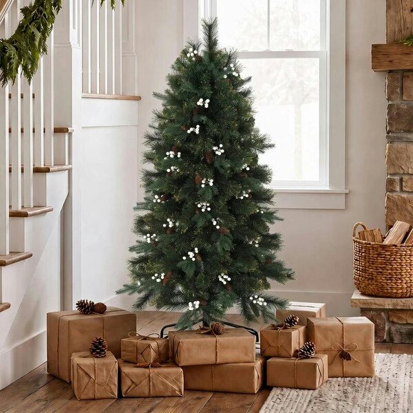 5ft Artificial Christmas Tree, Fir Hinged Xmas Tree with 490 Branch Tips, Foldable Metal Stand, Easy Assembly, Green