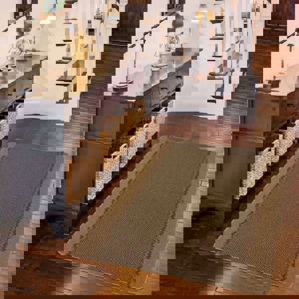 Machine Washable Designer Mats Bordered Line Design Beige