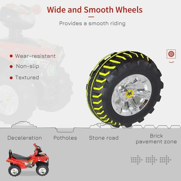 Red ride-on quad bike wheel with silver hub and textured black tire