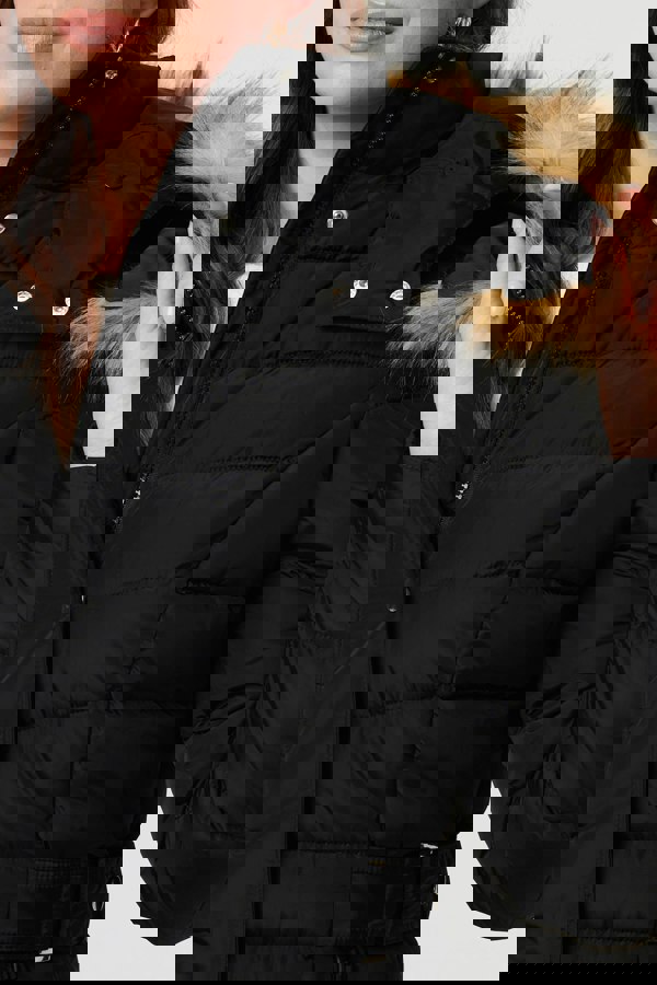 Black | Hooded Faux Fur Trim Longline Jacket
