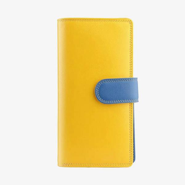Yellow bifold purse with a blue flap on a white background
