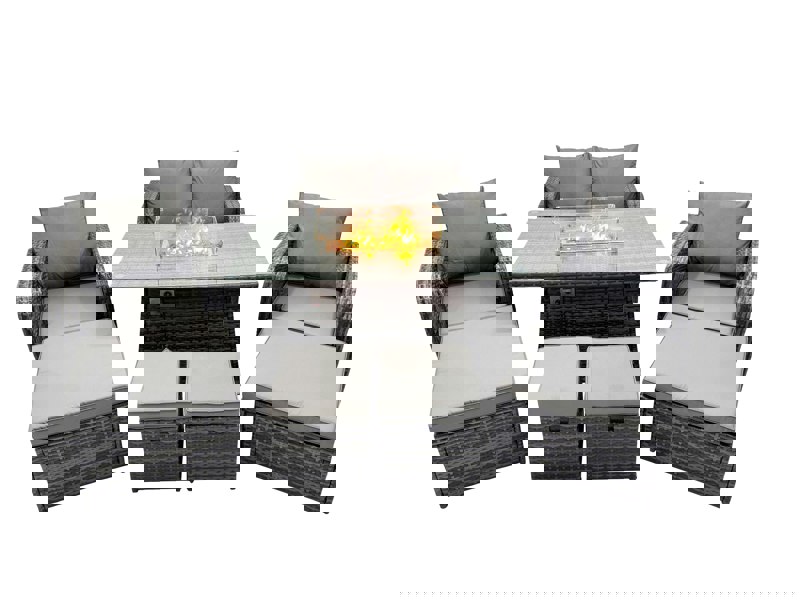 Fimous 8 seater Patio Gas Firpit Dining Table Sofa Sets Rattan Garden Furniture Dining Set with 4 Stools Dark Grey Mixed