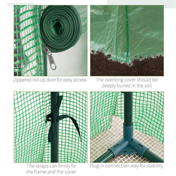Roll-up zip door detail on green PE greenhouse cover with metal frame