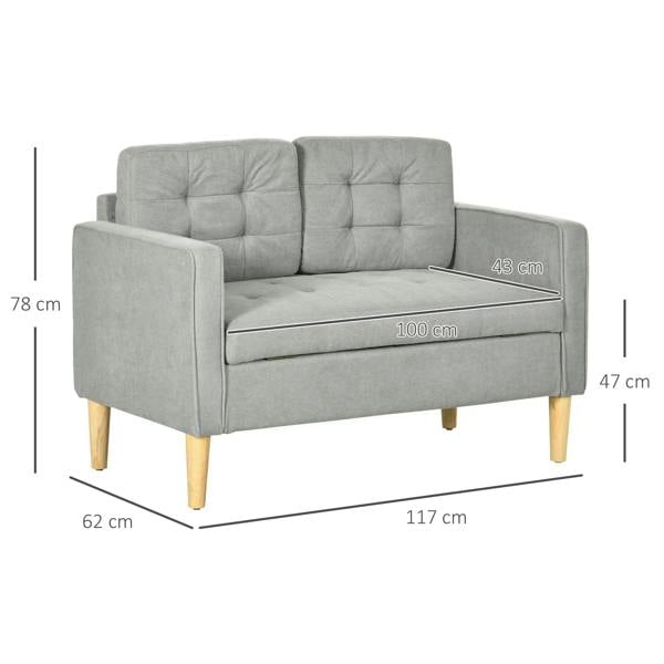 Light grey 2-seat sofa with tufted back, curved arms, and wooden feet