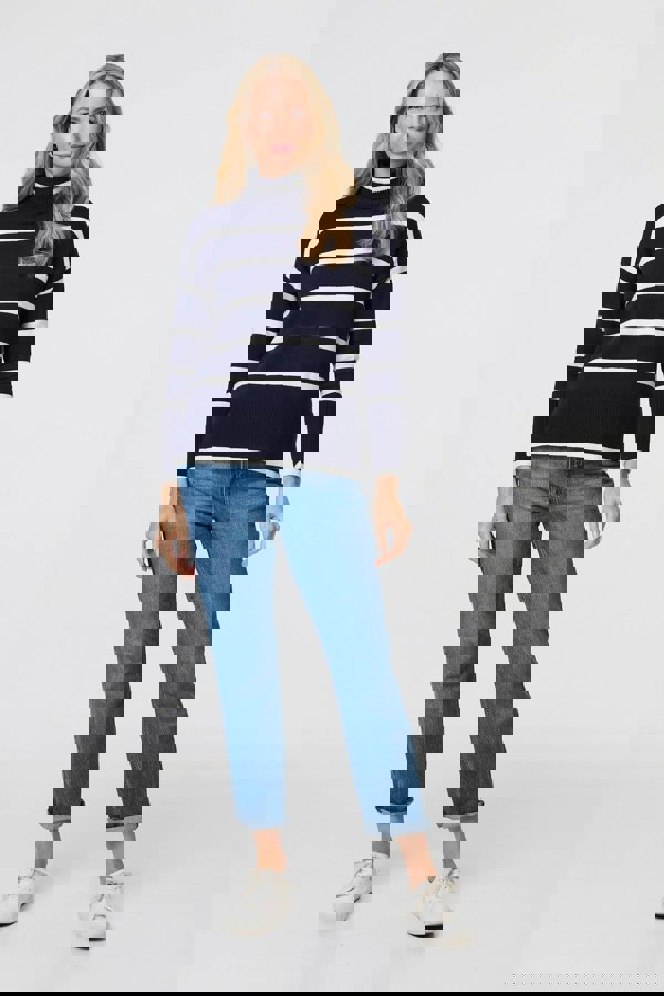 Navy | Striped Roll Neck Relaxed Jumper
