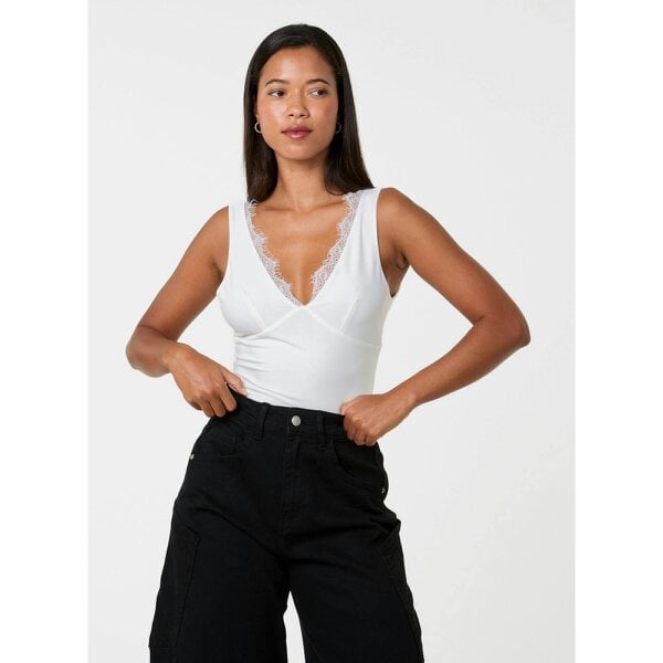 Pink Vanilla Lace Trim V Neck Crop Top