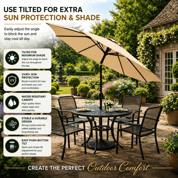 GlamHaus Garden Parasol Solar LED 2.7M ,Tilting Table Umbrella with Crank Handle, Protection UV40, Includes Parasol Cover- Sand