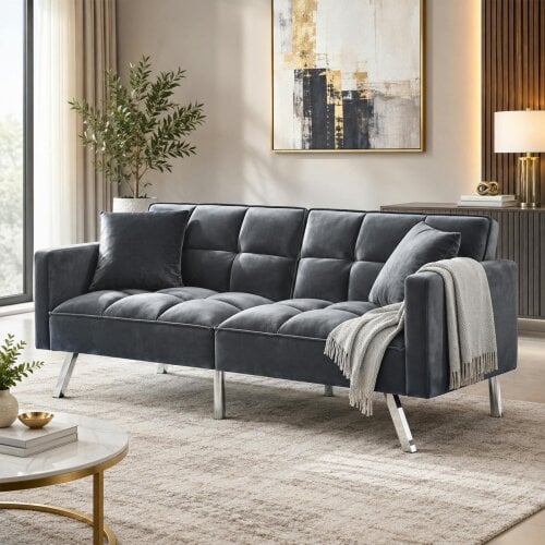 Kosy Koala Sofa Bed 2 Seater Grey Velvet Click Clack Sofa Settee Recliner Couch with Metal Legs Living Room Furniture