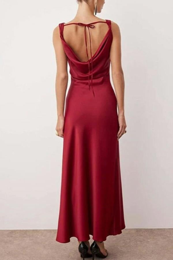 WOVCOR A-Line Cowl Neck Satin Maxi Elegant Dress