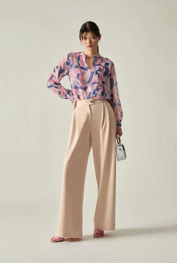 Pink mosaic print blouse front view long sleeve relaxed fit