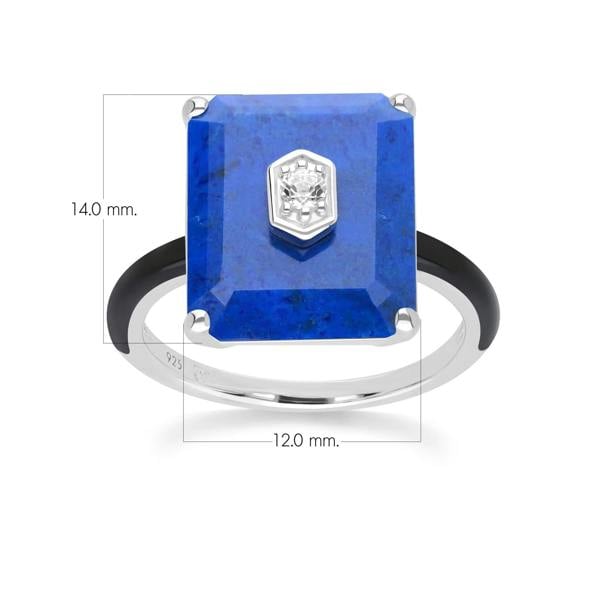 Gemondo Grand Deco Black Enamel, Lapis Lazuli & Colourless Topaz Ring in Sterling Silver