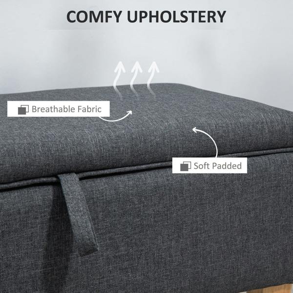 Dark grey padded storage ottoman with breathable fabric upholstery detail