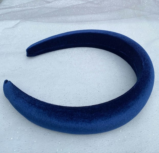 Navy velvet headband, smooth padded design, soft fabric finish, classic slim silhouette, elegant vintage inspired hair accessory
