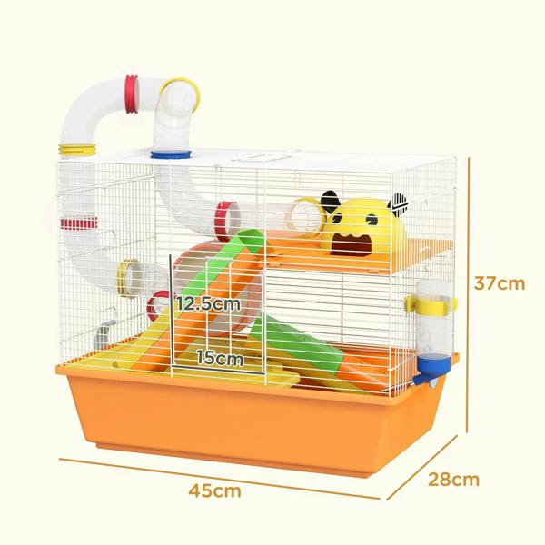 Orange wire gerbil cage with multi-level platforms, tubes, and exercise wheel