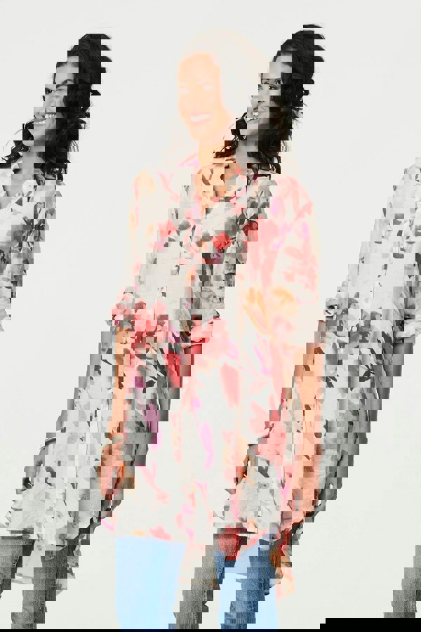 Pink | Floral Long Sleeve Longline Shirt Dress
