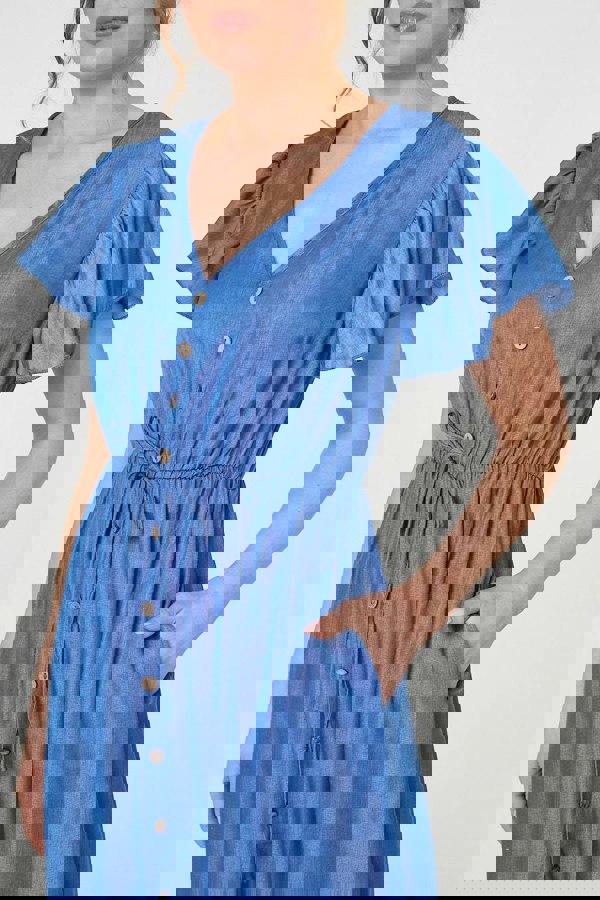 Blue | Short Sleeve Drawstring Waist Midi Dress
