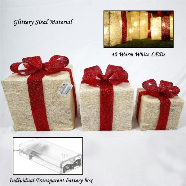 Set of 3 Cream Pre-Lit LED Glitter Rattan Christmas Parcel Decorations for Home Seasonal Displays image 5