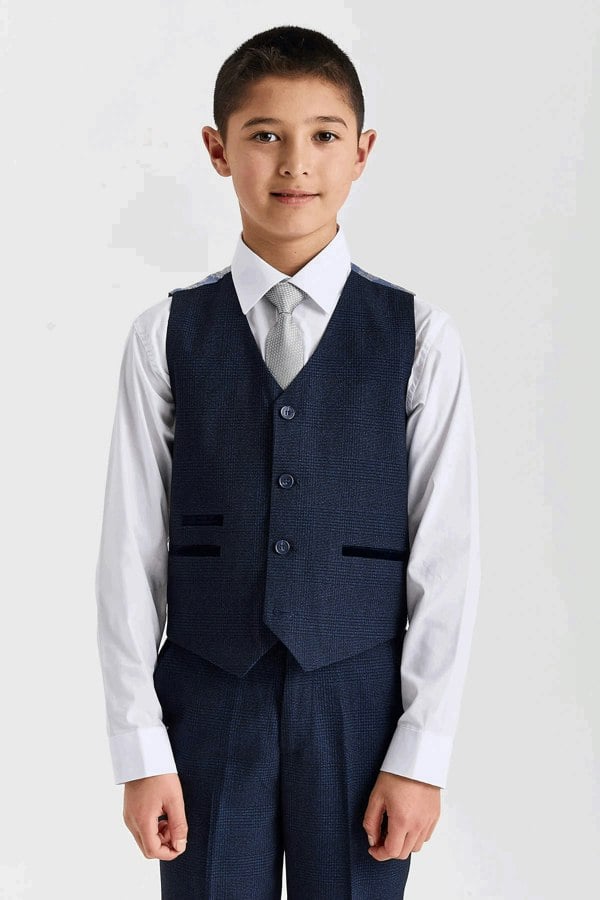 Paul Andrew Regent - Boys Navy Blue 3 Piece Prince Of Wales Checked Suit