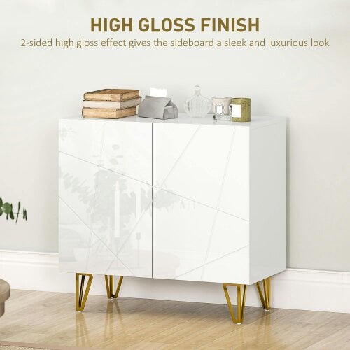 Wyld Haus Diro High Gloss White Geometric Pattern Sideboard With Gold Hairpin Legs