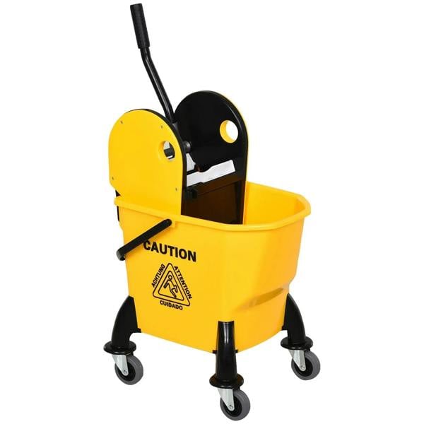 Yellow mop bucket with wringer, black press lever, and four swivel wheels