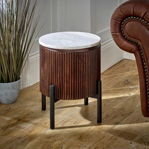 IH Design Miel Mango Wood Side Table With Marble Top & Metal Legs