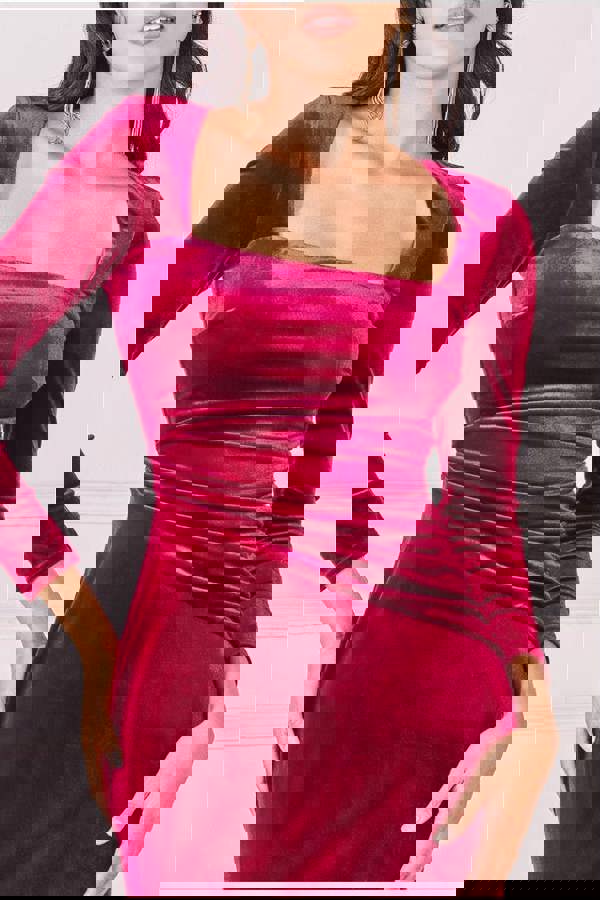 Square Neck Gathered Waist Velvet Maxi - Burgundy DR3994